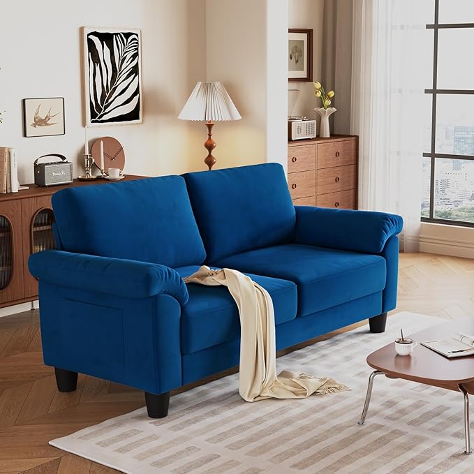 Vesgantti 70 Blue Living Room Couch Sofa Mid Century Modern Loveseat Velvet Deep Couches for Small Spaces Bedroom Apartment Office Removable Sofa Cover Spring Cushions Easy to Install