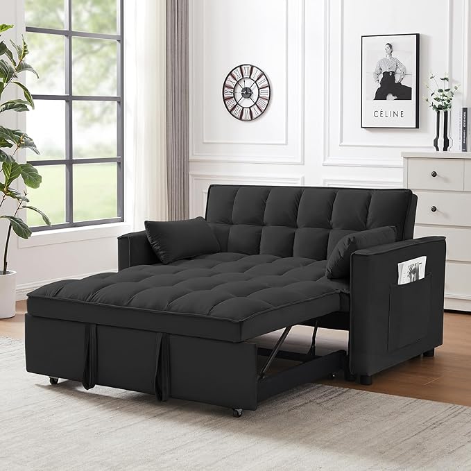 Velvet Pull Out Sleeper Sofa Bed Convertible Futon Couch Bed with Adjustable Backrests 3 in 1 Modern Loveseat with 2 Pockets and Pillows Small Love Seat for Living Room Guest Room Office Black
