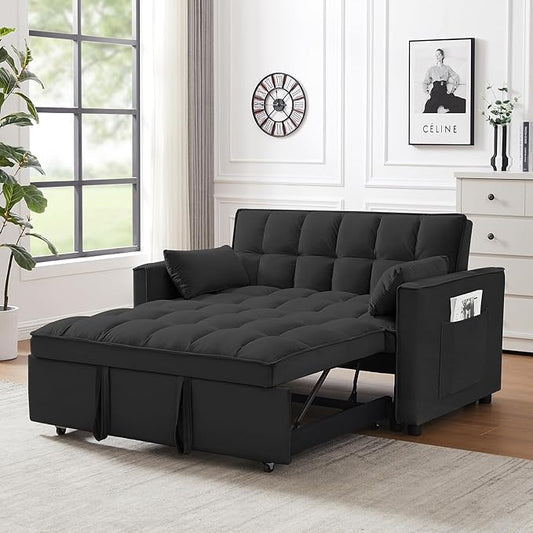 Velvet Pull Out Sleeper Sofa Bed Convertible Futon Couch Bed with Adjustable Backrests 3 in 1 Modern Loveseat with 2 Pockets and Pillows Small Love Seat for Living Room Guest Room Office Black