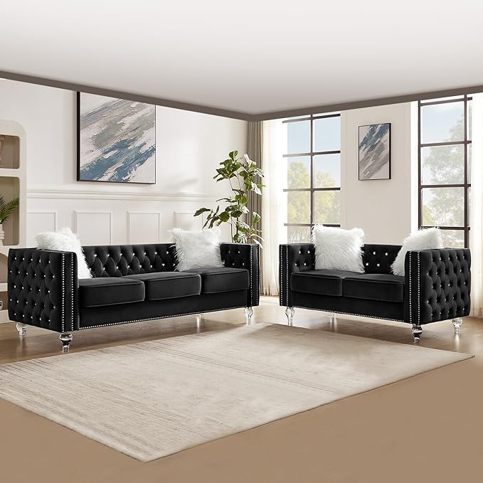 83 Chesterfield Sofa Velvet Mid-Century Modern Upholstered Couch with 2 Throw Pillows and Acrylic Legs Nailhead Button Tufted Vintage Sofa for Living Room Apartment Office Black