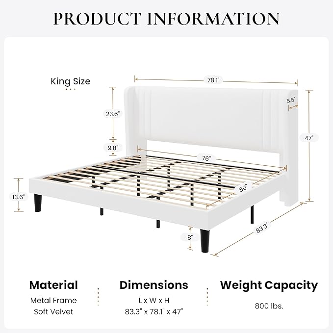 SHA CERLIN King Size Velvet Upholstered Platform Bed Frame with Vertical Channel Tufted Wingback Headboard Wooden Slats Support Easy Assembly Under Bed Storage No Box Spring Required White