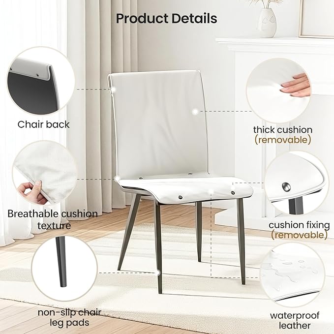 PU Leather Dining Chairs Set of 2 Waterproof Ergonomic Accent Chairs with Removable Cushions Sturdy Metal Legs Space-Saving Side Chairs for Small Kitchen Dining Room Living Room &amp Vanity