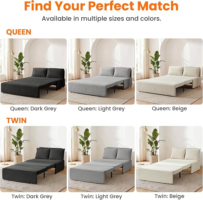 ijuicy 3 in 1 Pull Out Sofa Bed Twin Corduroy Sleeper Sofa with Pullout Bed Convertible Loveseat Couch Beds with Pillows and Tri-fold Mattress for Small Spaces Apartment-Beige