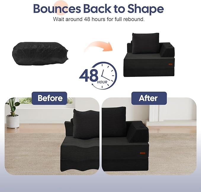 COMAX Folding Sofa Bed Foldable Couch for Bedroom Corduroy Convertible Floor Sleeper Futon Chair Foam 3 in 1 Fold Out Chair Portable Comfy Lounge Couch Single Sofa Bed for Small Space Guest Room