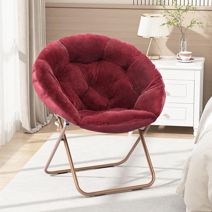 Cozy Saucer Chair Living Room Chair Faux Fur Soft Thick Padded Seat Metal Frame Folding Chair Comfortable Moon Chair for Living Room Bedroom Reading Nook Modern Style 2 Pack Red