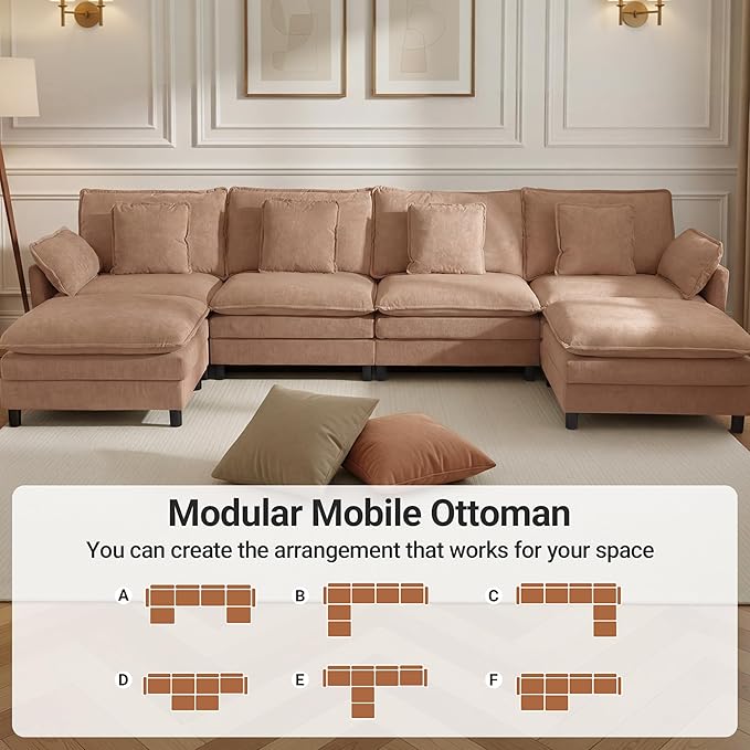 YDN 148 Couch Sofa Sectional Couches for Living Room Cloud Couch with Movable Ottoman Modular U Shaped Sofa Set Khaki
