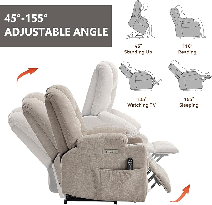 Power Lift Chair with Massage &amp Heat Electric Recliner Chairs for Adults Remote Control Sofa for Living Room Standing Assistance USB Ports Stainless Steel Cup Holders (Khaki)