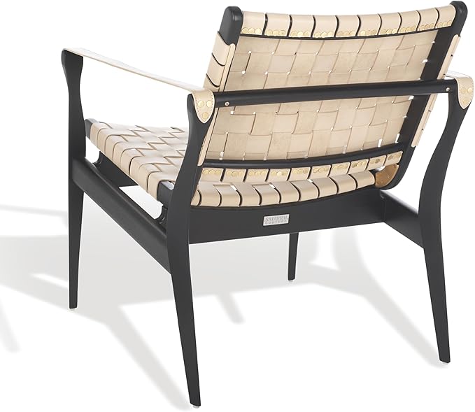 SAFAVIEH Couture Collection Dilan Black Solid Wood/White Genuine Leather Safari Chair (Fully Assembled)