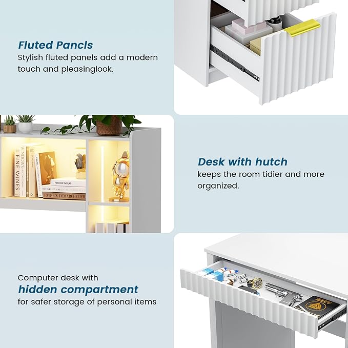 Home Office Desk with Hutch &amp LED Lights - 39 Computer Desk with Charging Station 3 Large Drawers Hidden Compartment &amp Fluted Panel DesignWhite Writing Desk for Bedroom Study