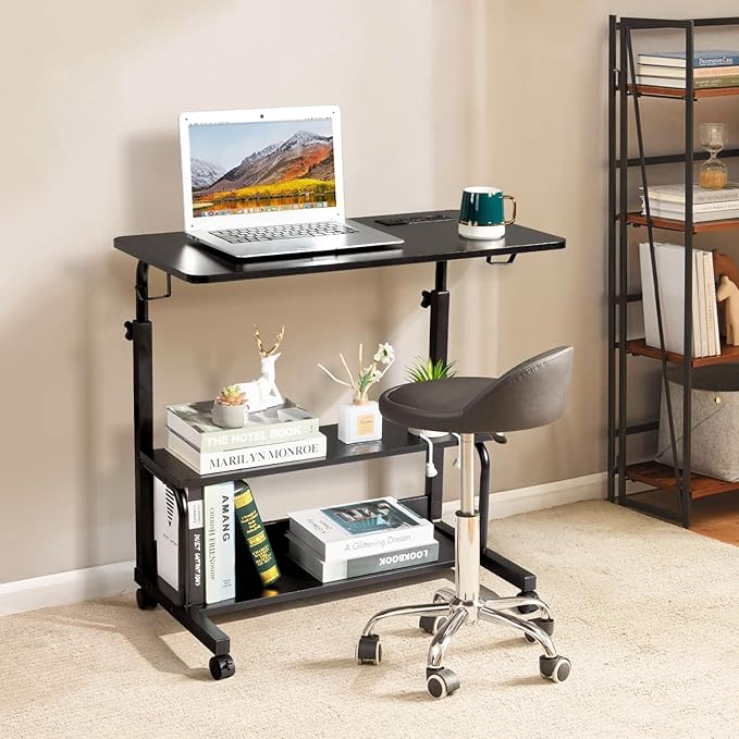 Karl home 31.5 Portable Rolling Desk on WheelsHeight Adjustable Standing Desk with 2 AC Outlets/3 USB PortsMobile Laptop Table with Hooks and Storage Shelves for Home OfficeBlack