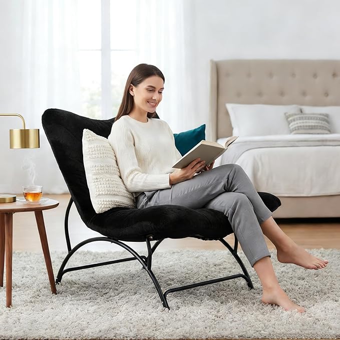 Tiita Accent Lazy Chair Comfy Lounge Chair with Metal Frame and Plush Fabric Spacious Seat Cozy Recliner Chair for Reading Room Living Room Bedroom Office Black
