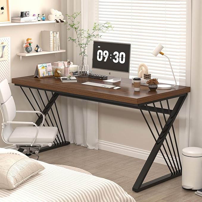 FOLUBAN Home Office Desks Modern Wood and Metal Writing Study Work Table Industrial Computer Desk for Bedroom Living Room Rustic Walnut 47 Inch