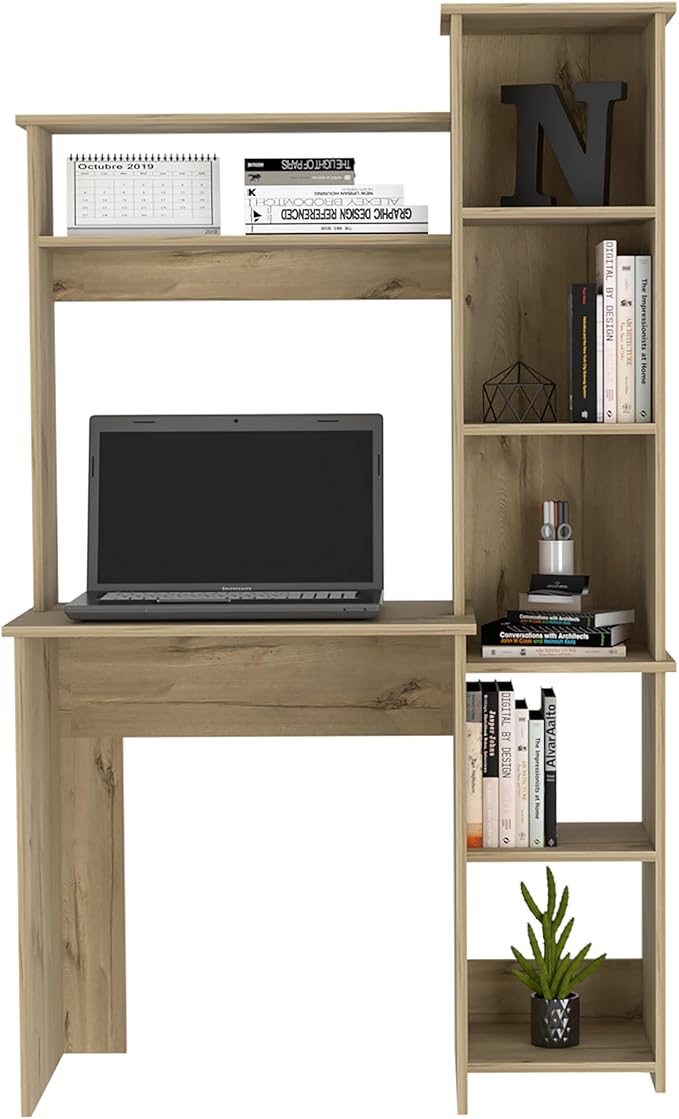 Tuhome Versalles Writing Desk with Two Superior Shelves Five Side Open Storage Compartments Space-Saving Modern Workstation Design for Studios and Offices Ideal for Organization Books