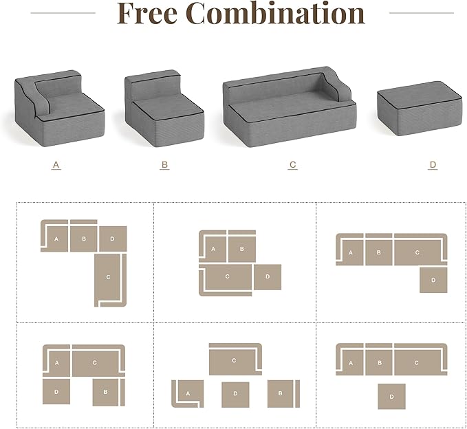 134 Cloud Boneless Sectional Couch with L-Shape Chaise Upholstered Corduroy Couch with Deep Seat No Assembly Required Compressed Sofa for Living Room Apartment Grey