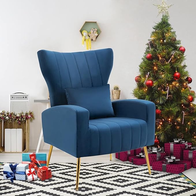 Velvet Accent Arm Chairs with Wingback &amp Lumbar Pillow Modern Armchair for Living Room Bedroom Guest Reception Side Chair for Office Gold Finish Navy Blue