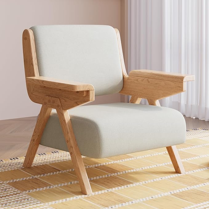 Accent Chair Mid Century Modern Chair Velvet Upholstered Lounge Arm Chair with Solid Wood Cozy Reading Chair for Living Room Bedroom Balcony(White)