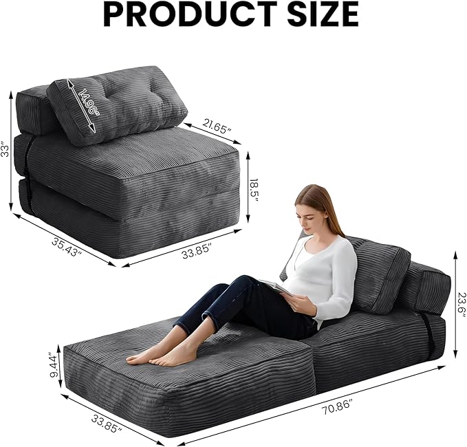tantohom Folding Sofa Bed Convertible Sleeper Chair with Pillow Foldable Mattress with Back SupportSpace-Saving Sofa for Living RoomBedroom (Dark Gray)