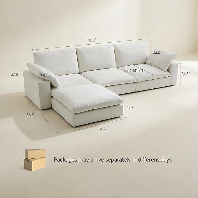 Cloud Modular Sectional Sofa Oversized Cloud Couch with Deep Seat Modern Comfy Couches with Washable Cover Easy Assembly Sectional Couches for Living Room- 3 Seater with Ottoman 110.2