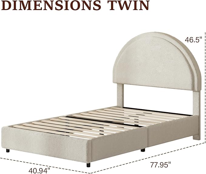Twin Bed Frames with Round Headboard White Soft Upholstered Bed Frame Boucle Bed Frame for Kids Arch Shaped Modern Style No Box Spring Required Easy Assembly Light White