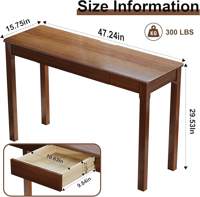Wood Desk Solid Wood Writing Table for Home Office Mid Century Modern Desk with Drawers Walnut (47inch / 120cm)