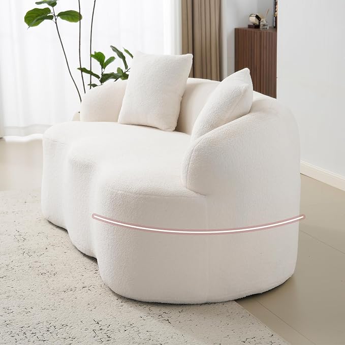 72” Curved Loveseat Sofa Modern Teddy Boneless Couch with 2 Pillows for Small Spaces Living Room Bedroom No Assembly Required (Cream White)