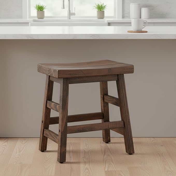 Alaterre Furniture Pomona 20-Inch Counter Height Saddle Seat Barstool – Solid Wood Backless Rustic Farmhouse Stool in Natural Finish for Kitchen Island or Dining Room (Natural)