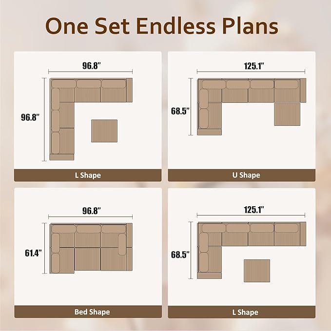 HOOOWOOO Modular Sectional Sofa CouchU L Shaped Free Combination Couch ChairsCorduroy Cloud Sofa with Ottoman Chaise 6 Pieces Set for Living Room(Beige Corduroy)