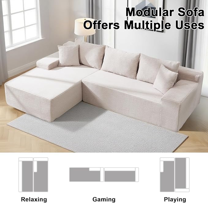 105 Cloud Modular Sectional Couch with L-Shape Chaise Upholstered Corduroy Couches for Living Room No Assembly Required Deep Seat Boneless Sofa (Beige Left Facing Chaise)