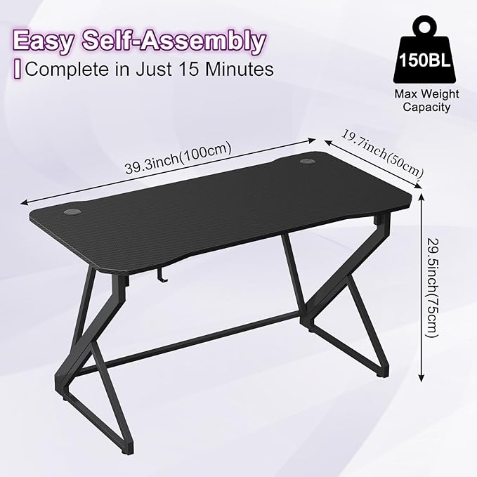 Grandder Gaming Desk Z Shaped 40 Inch Gamer Workstation Home Computer Carbon Fiber Surface Gaming Desk PC Table with Headphone Hook Carbon Fiber Black