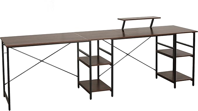 Techni Mobili Office Desk - Reversible L Shaped Desk with Storage Shelves Monitor Stand &amp Accessory Holder - Ergonomic &amp Industrial Workstation Corner Table with Durable Steel Frame Walnut