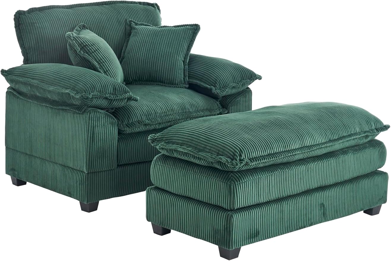 TTK Oversized Chaise Lounge Chair with Ottoman - 39.17 Wide Modern Sleeper Sofa for Living Room Bedroom &amp Office - Deep Seat Sectional Couch with Pillow Comfortable Reading ChairGreen