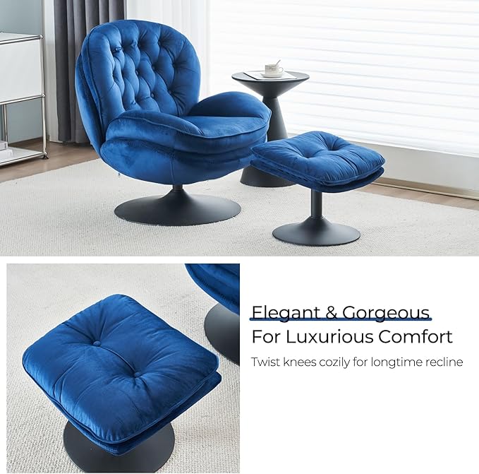 Velvet Swivel Accent Chair with Ottoman Set Modern Tufted Armchair with Footrest for Living Room Reading TV Chair for Adults Comfy Chaise Lounge Chairs with 360 Degree Swiveling for Bedroom Blue