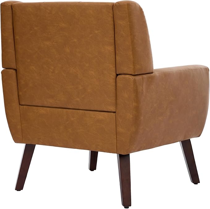 Accent Chair Comfy Mid Century Modern Small Armchairs with Solid Wood Frame and Soft Cushion for Living Room Bedroom (Faux Leather Brown Set of 1)