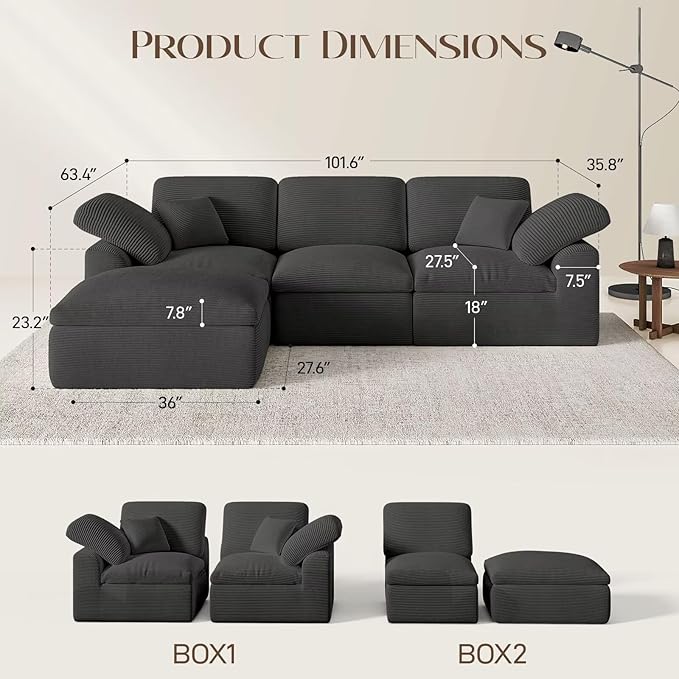Cloud Sectional Couches for Living Room L Shaped Modular Sectional Sofa with Ottoman Convertible Corduroy Couch for Apartment 4 Seater Boneless Comfy Cloud Sofa No-Assembly Grey