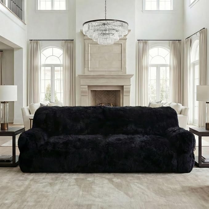 Black Compressed Couch 70 2-Seater Fluffy Faux Fur Boneless Loveseat Sofa with Memory Foam for Living Rooms Bedrooms Apartments No Assembly Required | Plush faux fur Memory foam comfort Zero as