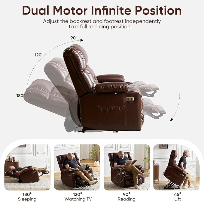 Dual Motor Power Lift Recliner Chair for Elderly with Massage and Heat Oversized Lift Chair with Arm Storage Lay Flat Lift Recliner for Adults Big Tall Infinite PositionLving Room Brown