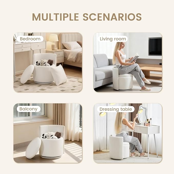 360° Swivel Vanity Chair with Storage PU Leather Round Storage Ottoman with Pillows No Assembly Modern Comfy Makeup Stool for Bedroom Dressing Living Room (White)