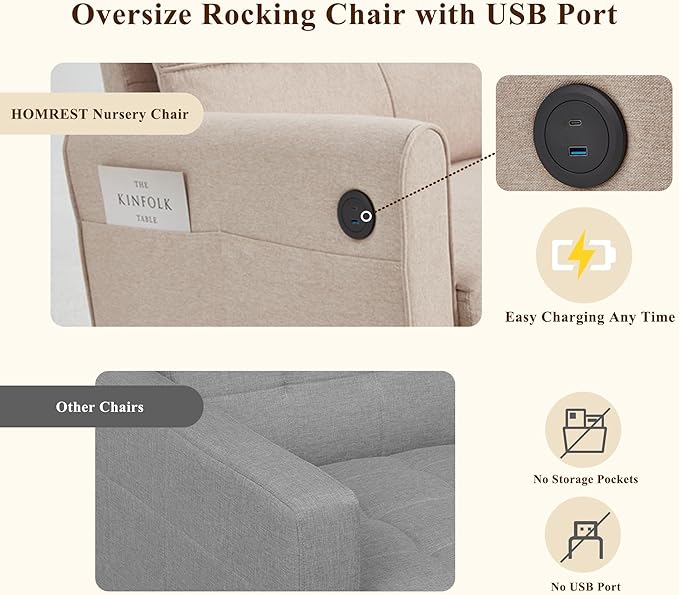 HOMREST Rocking Chair Upholstered Nursery Rocking Chair with High Back and Side Pocket USB Port Double Wide Rocker Glider Chairs with Wood Legs for Living Room Bedroom Nursery Beige