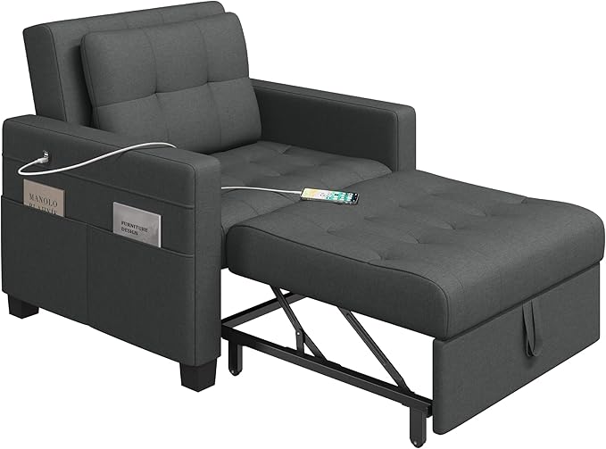 Yaheetech Sleeper Sofa Bed Convertible Chair Bed 3 in 1 Pull Out Sofa with Adjustable Backrest &amp USB and Type C Charging Ports for Living Room Office Bedroom Apartment Dark Gray