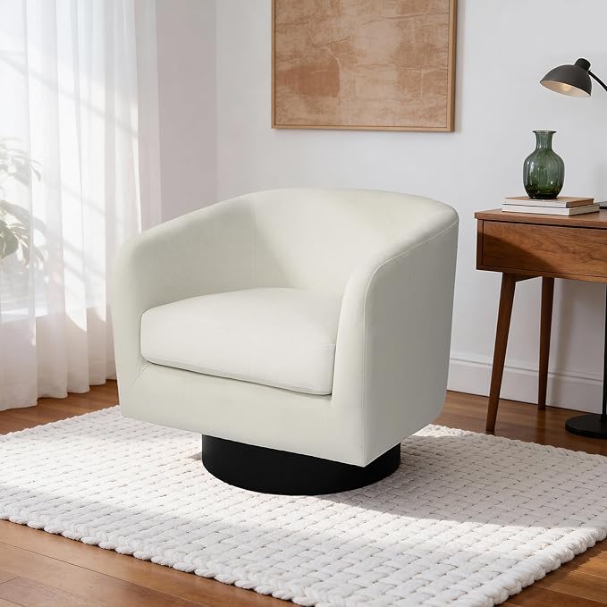 Swivel Barrel Accent Chair Modern Round Chenille Fabric Arm Chair for Living Room Bedroom Comfy Club Reading Chairs for Adults（Velvet Ivory Set of 1
