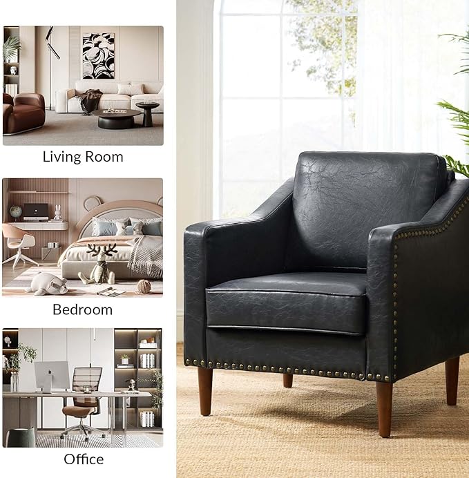 HULALA HOME Faux Leather Accent Armchairs Set of 2 with Back &amp Seat Cushions Traditional Club Chairs with Nailhead Trim Comfy Upholstered Sofa Chairs for Living Room Bedroom Black