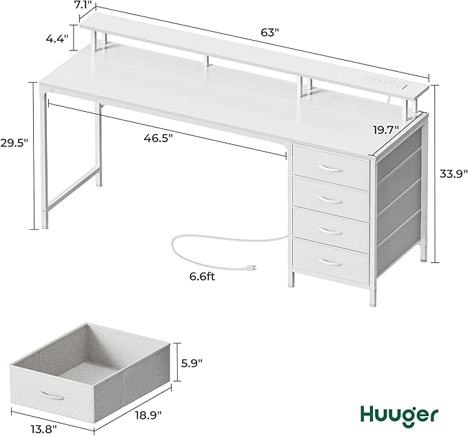 Huuger 63 Inch Computer Desk with Power Outlets and LED Lights Gaming Desk with 4 Drawers Office Desk with Monitor Stand Study Work Desk for Home Office White