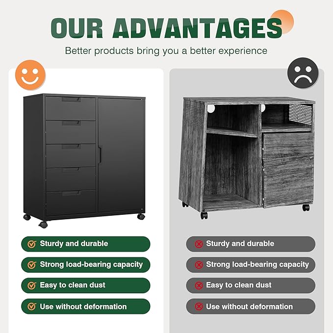 Letaya 5 Drawer Storage Cabinet Mobile Printer Stand for Home OfficeDresser Chest with Shelves and Door(Black)