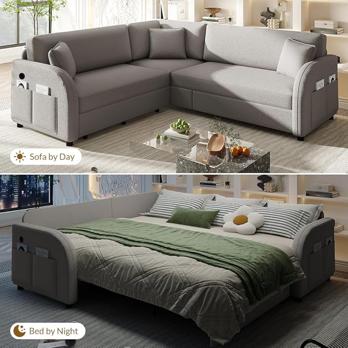 85'' L-Shaped Sectional Sleeper Sofa Bed 5-Seater Pull-Out Couch Bed with Comfy Teddy Fabric USB Ports Modular 3-in-1 Convertible Sleeper Couch for Living Room Apartment Light Grey | Teddy Uphols