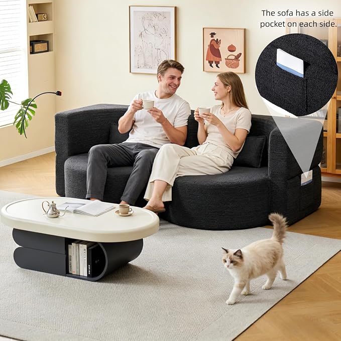 79 Convertible Folding Sofa Bed 2-in-1 Twin Size Loveseat Sleeper Couch with Two Pillows &amp Side Storage PocketsSpace-Saving | Design for Apartments &amp Living Room No Assembly(Black)