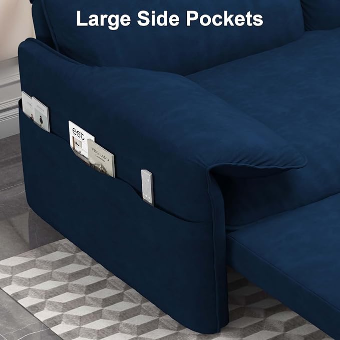 GNIXUU 66 Queen Pull Out Sofa Bed Velvet Convertible Sleeper Sofa Couch with Side Storage Comfy Cloud Futon Bed Pull Out Couch for Living Room Apartment Small Space(Blue)