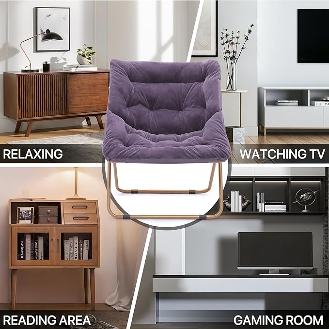 MoNiBloom Square Folding Faux Fur Saucer Chair for Bedroom Living Room Dorm Foldable Metal Frame Oversized Large Comfy Furry Padded Soft Cozy Moon Chair with Footrest Ottoman for Adults (Purple)