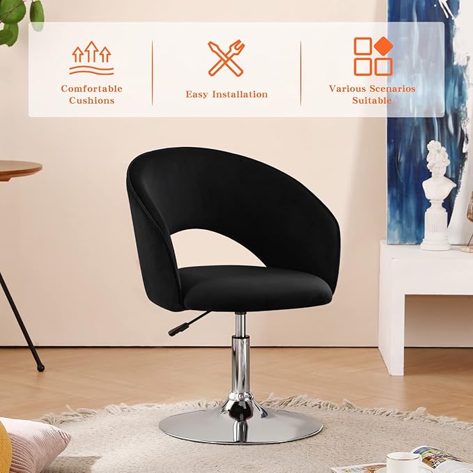 Furnimart Adjustable Black Vanity Chair with Back Velvet Makeup Chair Swivel Accent Chair with Chrome Frame Hollow Backrest Side Chair for Living Room Makeup Room Bedroom (Black)