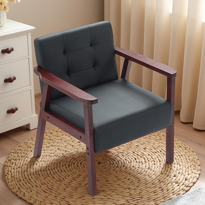 Anwick Mid-Century Modern Accent ChairPU Leather Living Room Chair with Solid Wood FrameComfy Armchair Lounge Reading Chairs for Bedroom Office Small Spaces (Black)