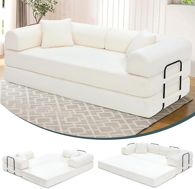 Convertible Sleeper Sofa Bed 1600lbs Weight Capacity Floor Sofa Bed with Fixed-Shape Frame Corduroy Foldable Couch for Small Space Lounge Mattress for Living Room Apartment Game Room (White)